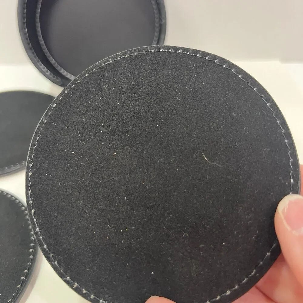 Bonded Black Leather 4 Coaster Set With Holder Embossed HisCall White Stitching